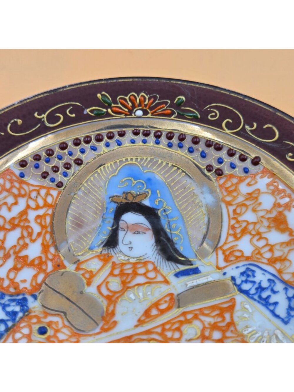Vintage Japanese Satsuma Moriage Kannon Arhat Hand Painted Saucer Set 2 - Picture 7 of 12